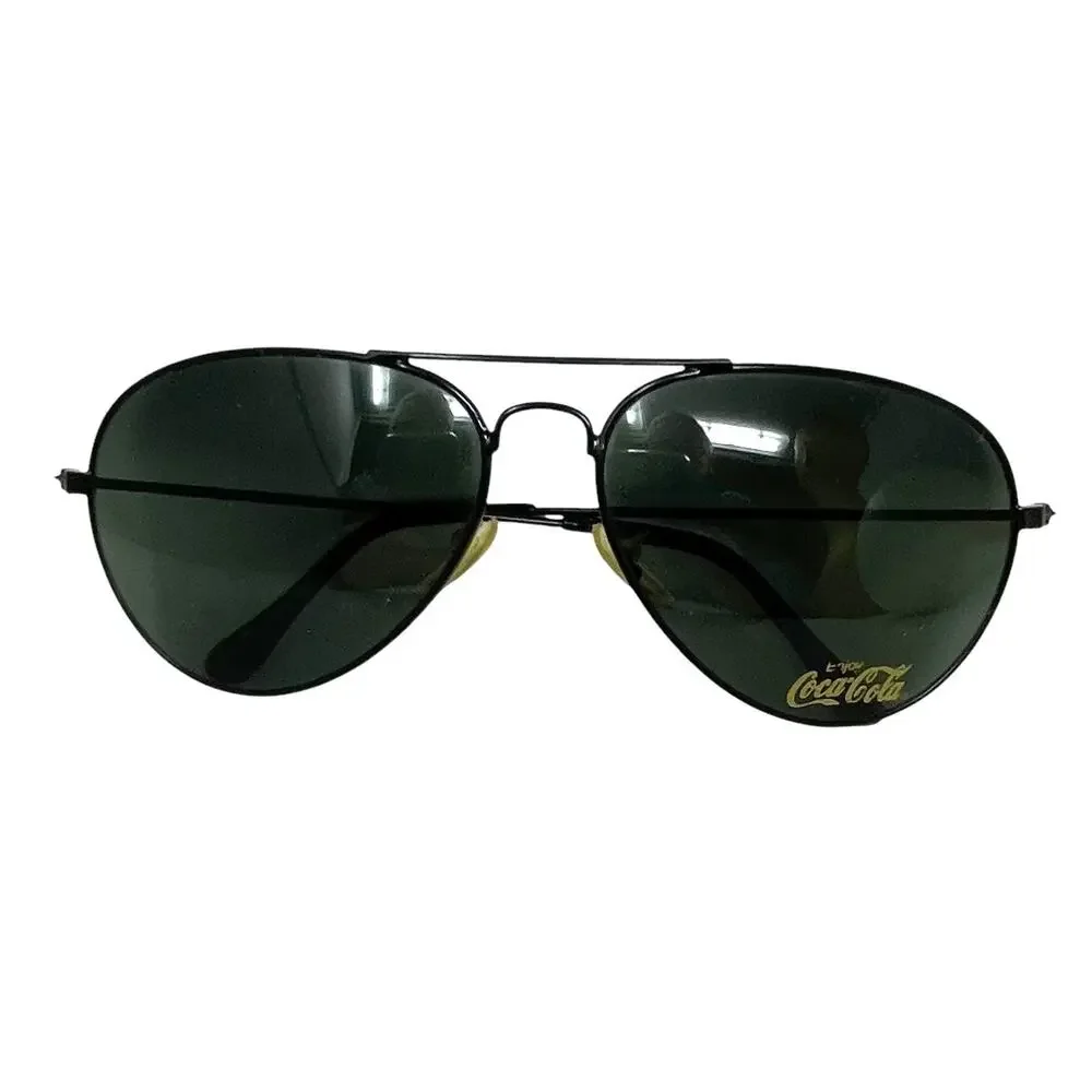 Coca-Cola Vintage Aviator Sunglasses Black Metal Frame Green Lens Coke Logo